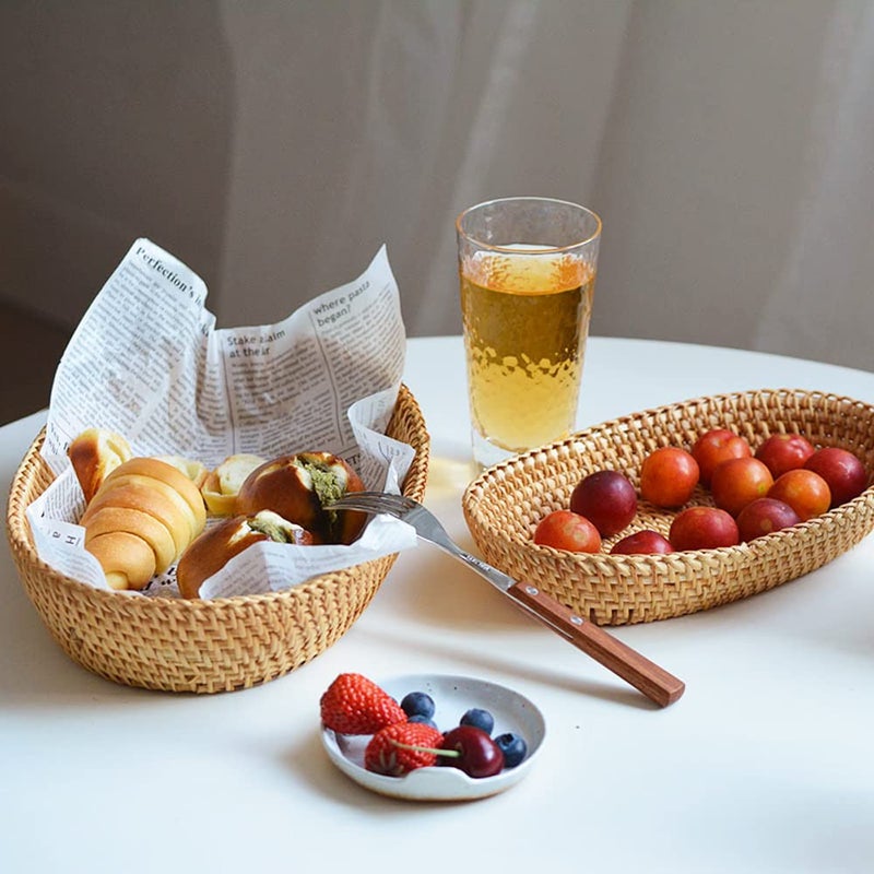 i-lan Set of 2 Oval Rattan Bread Baskets, 13 Inch Handwoven Wicker Basket Long with 2.7â€ Wall, Decorative Narrow Serving Basket Boho Bowl for Fruit, Food, Snack, Brown, 2-size:S+L - Image 3